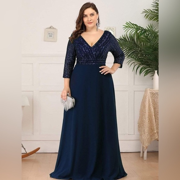 None Dresses & Skirts - 🆕 Plus Size V Neck A-Line Sequin Evening Dress with Sleeve